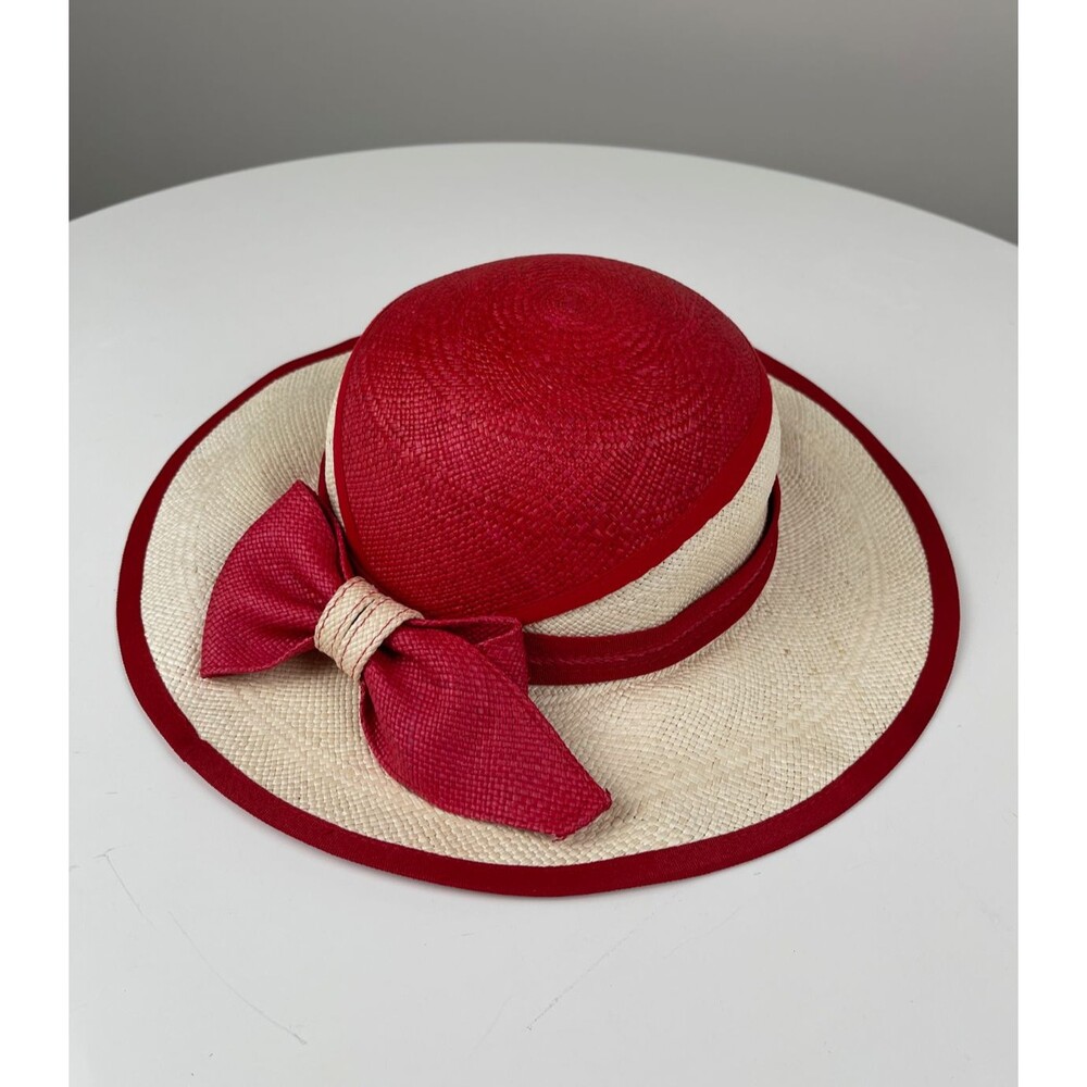 Panama Hat 100% Paja Toquilla Ecuador Wide Brim Red Bow Resort Derby Sz 58